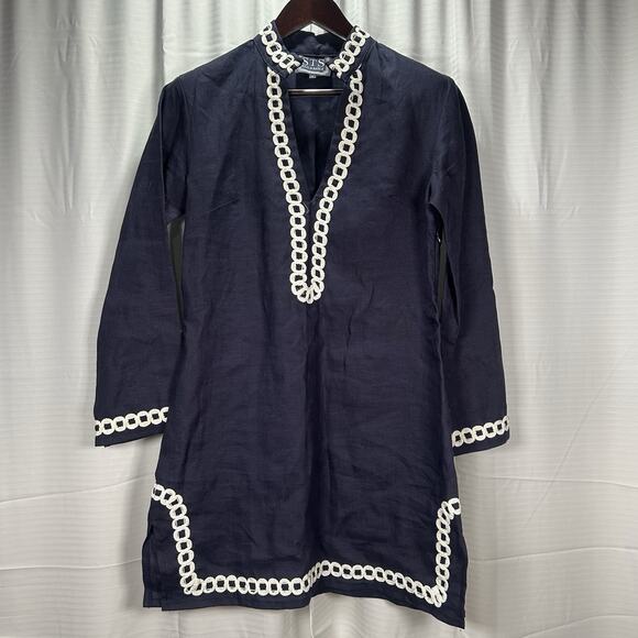 Sail To Sable Linen Tunic Dress Blue Long Sleeve V-Neck Coastal Women's Size 2 - Picture 2 of 10